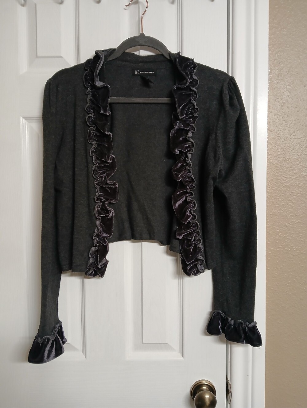 INC International Concepts Charcoal Ruffle Velvet Trim Open Cardigan - L